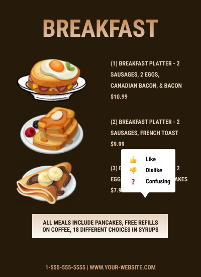 Featured image: Breakfast menu with options to comment on a portion of the content. Choice of Like, Dislike, or Confusing - Read full post: Now Available - Message testing on quantitative surveys using mark-up tools